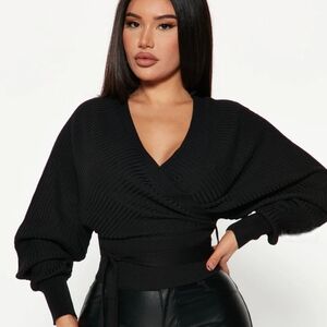 NWOT- Fashion Nova Warmest Occasion Wrap Sweater-Color Black Size S